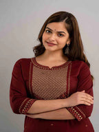 Classic  Deep Maroon Yoke Embroidered Rayon Kurti Top (Top Only)