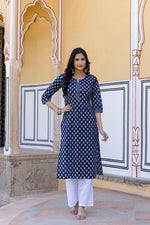 Load image into Gallery viewer, Navy Blue  Ethnic Printed Cotton Kurti Top(Top Only)
