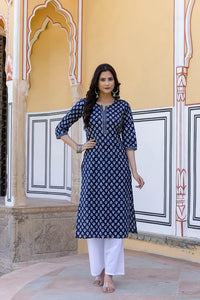 Navy Blue  Ethnic Printed Cotton Kurti Top(Top Only)