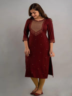 Classic  Deep Maroon Yoke Embroidered Rayon Kurti Top (Top Only)
