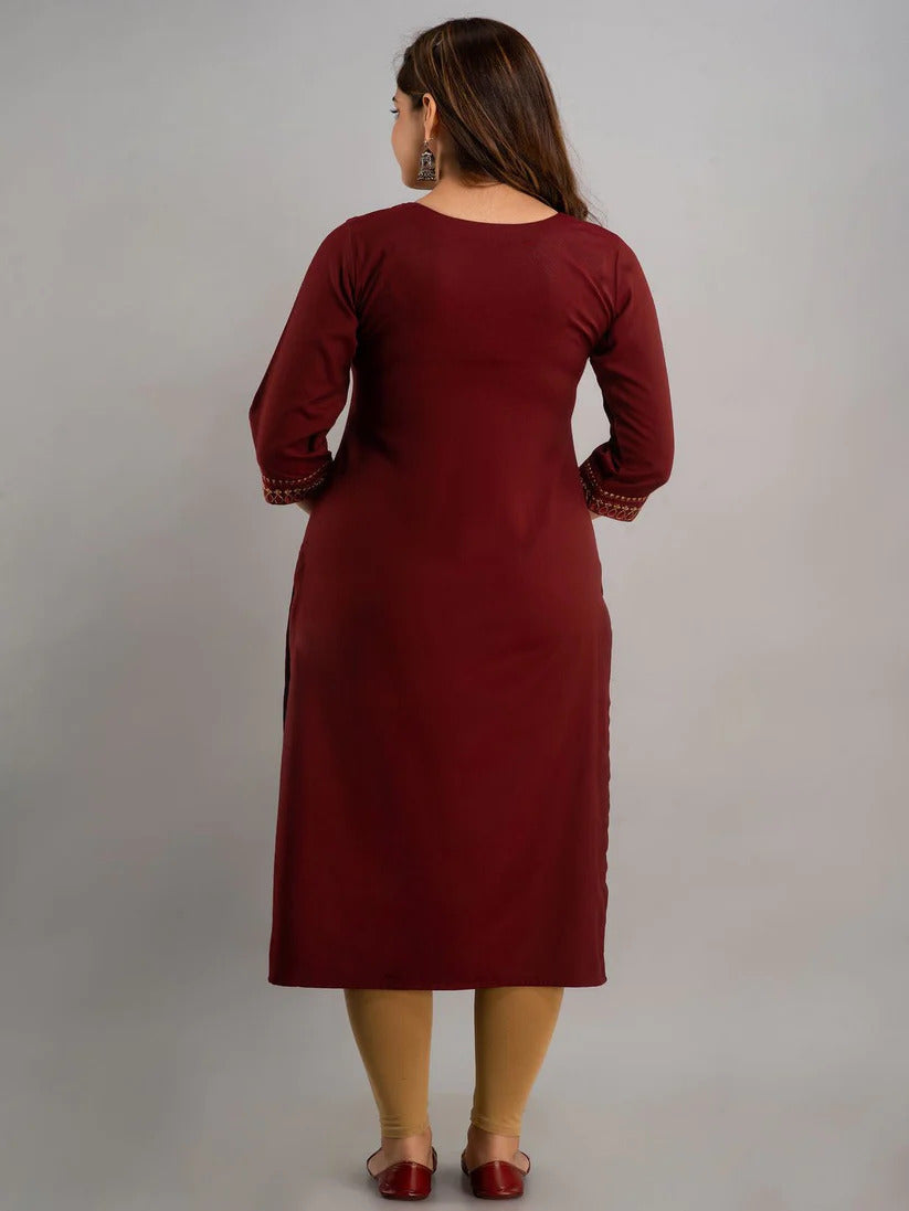 Classic  Deep Maroon Yoke Embroidered Rayon Kurti Top (Top Only)