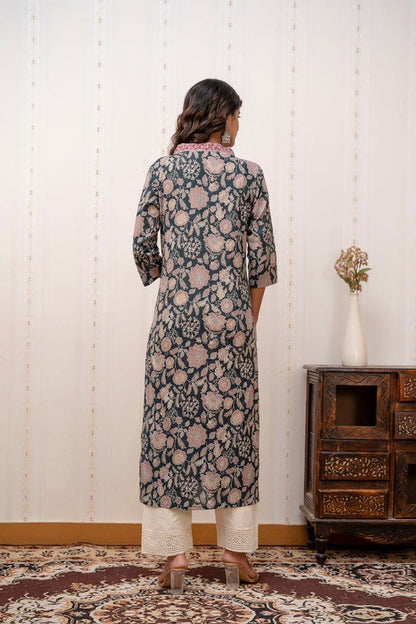 Green Floral Printed Cotton Kurti Top (Top Only)