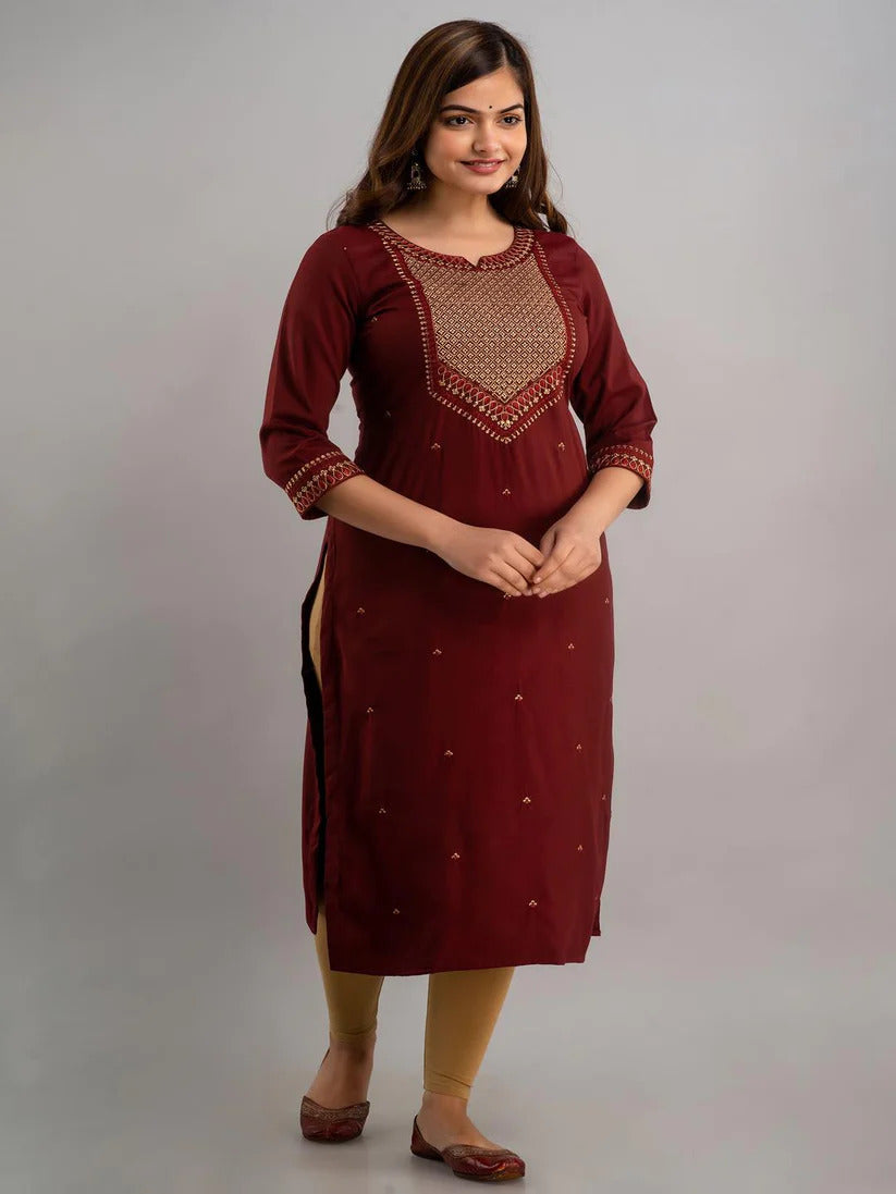 Classic  Deep Maroon Yoke Embroidered Rayon Kurti Top (Top Only)