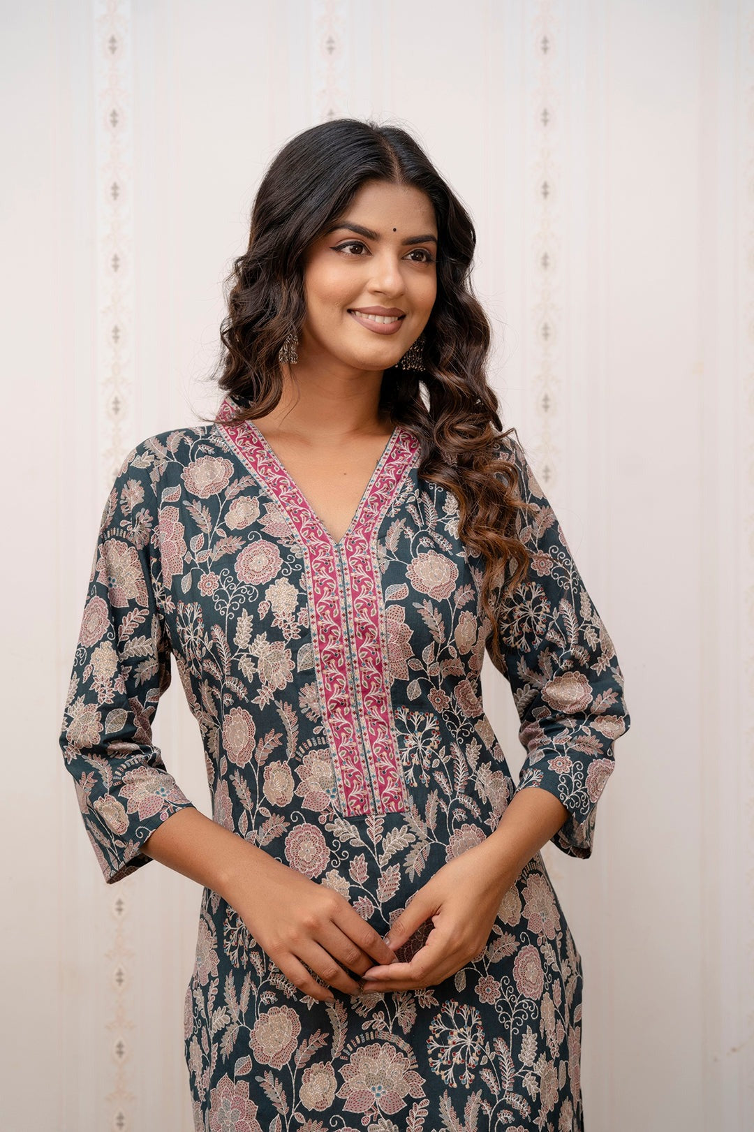Green Floral Printed Cotton Kurti Top (Top Only)