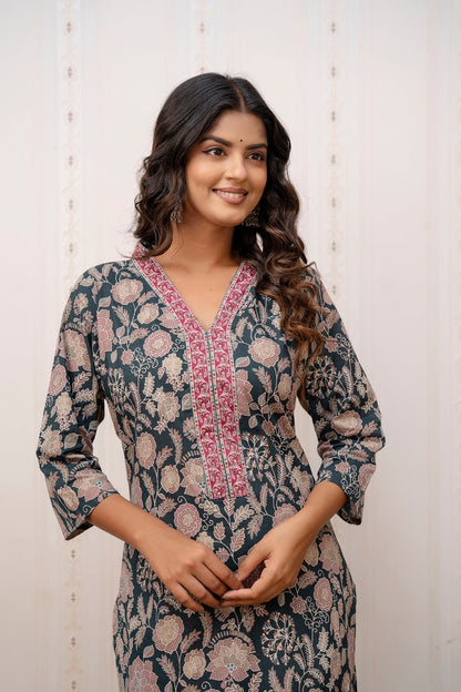 Green Floral Printed Cotton Kurti Top (Top Only)