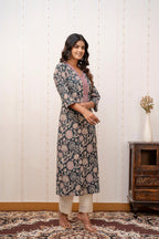 Green Floral Printed Cotton Kurti Top (Top Only)