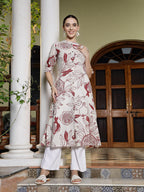 Off White Maroon Cotton  Botanic printed A-Line Kurti Top (Top Only)