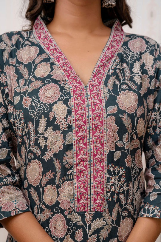 Green Floral Printed Cotton Kurti Top (Top Only)