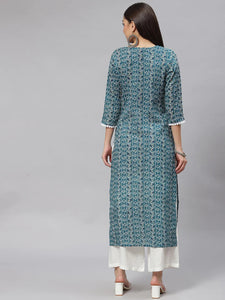Blue & white Rayon  Printed Kurti Top with lace work (Top Only)