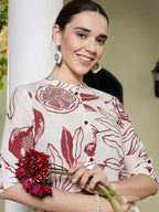 Off White Maroon Cotton  Botanic printed A-Line Kurti Top (Top Only)