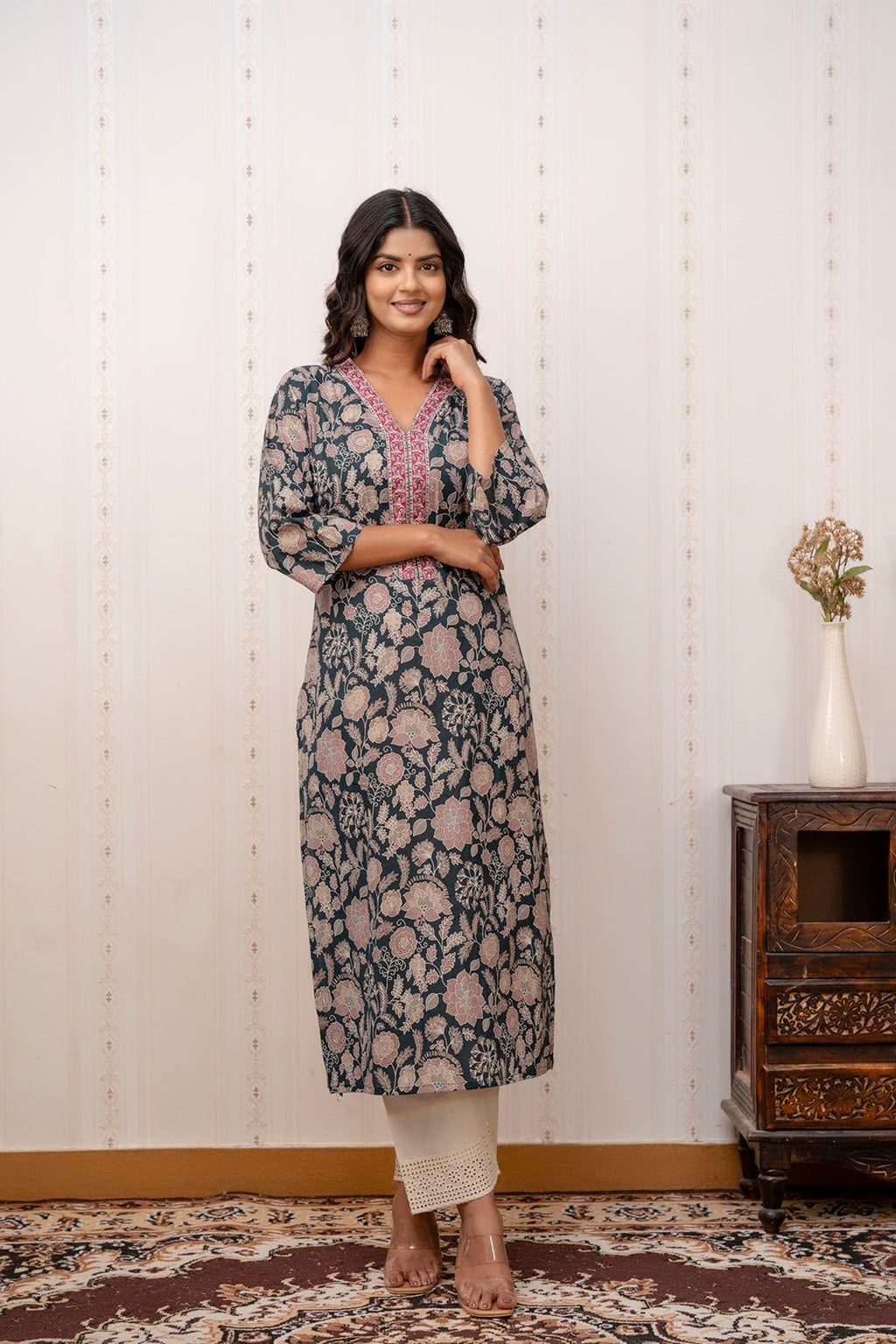 Green Floral Printed Cotton Kurti Top (Top Only)