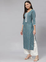 Load image into Gallery viewer, Blue &amp; white Rayon  Printed Kurti Top with lace work (Top Only)
