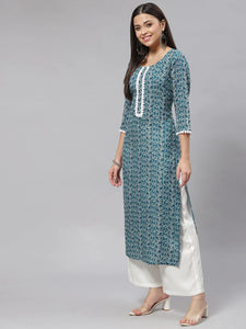 Blue & white Rayon  Printed Kurti Top with lace work (Top Only)