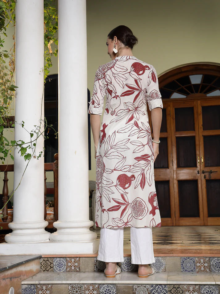 Off White Maroon Cotton  Botanic printed A-Line Kurti Top (Top Only)