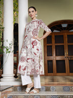 Off White Maroon Cotton  Botanic printed A-Line Kurti Top (Top Only)