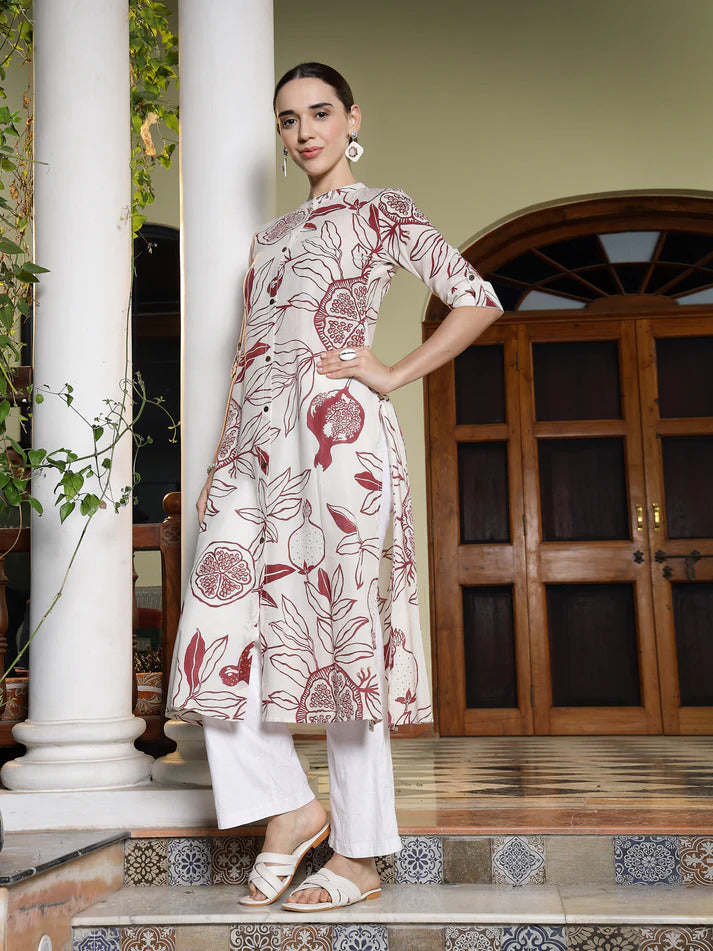 Off White Maroon Cotton  Botanic printed A-Line Kurti Top (Top Only)