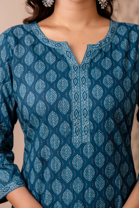 Teal Blue Printed Cotton Kurti Top (Top Only)