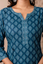Teal Blue Printed Cotton Kurti Top (Top Only)