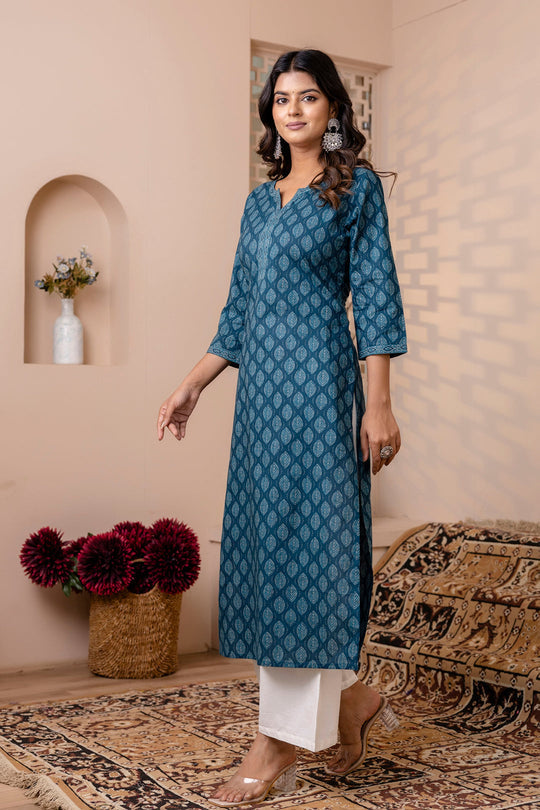 Teal Blue Printed Cotton Kurti Top (Top Only)