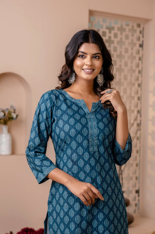 Teal Blue Printed Cotton Kurti Top (Top Only)
