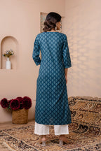 Teal Blue Printed Cotton Kurti Top (Top Only)