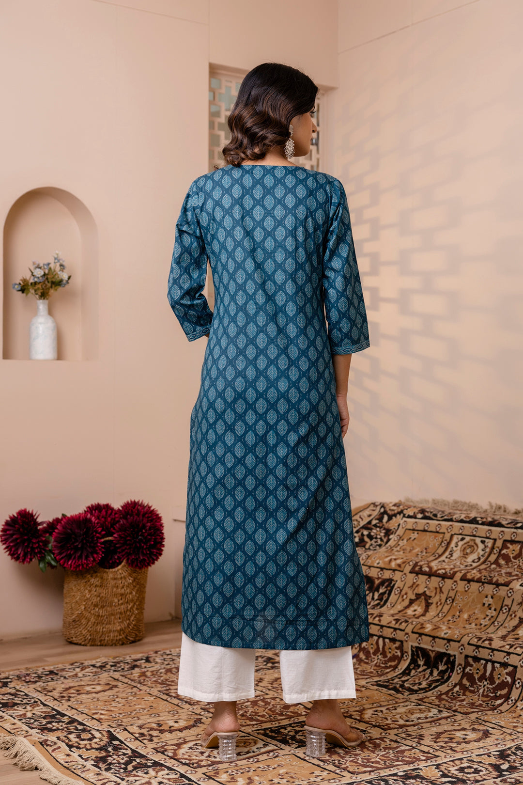Teal Blue Printed Cotton Kurti Top (Top Only)