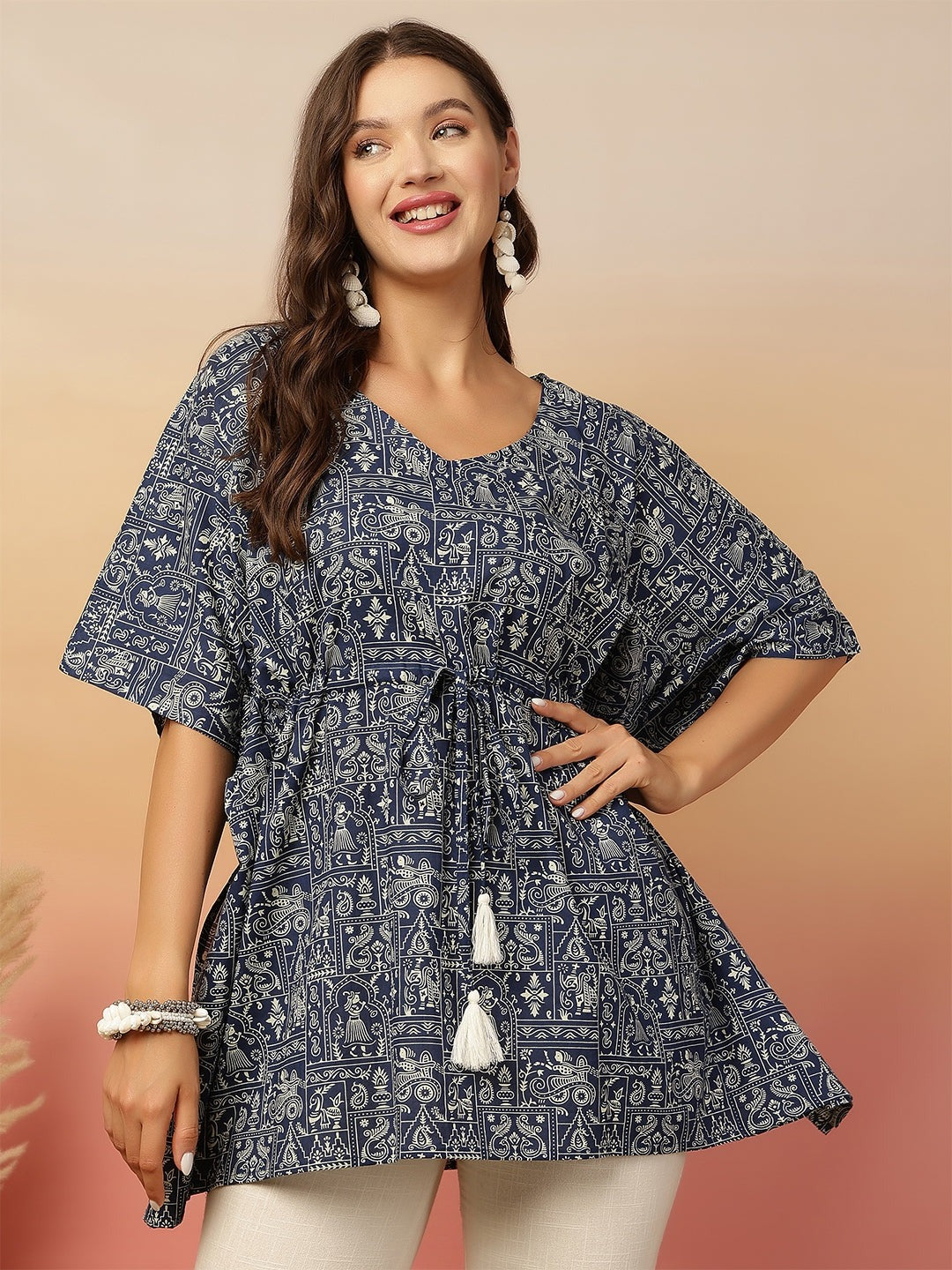 Navy Blue Printed Kaftan Top