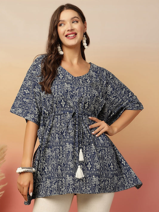 Navy Blue Printed Kaftan Top