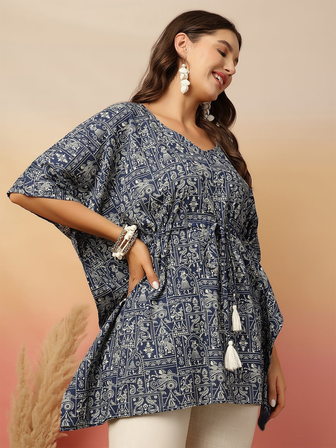 Navy Blue Printed Kaftan Top