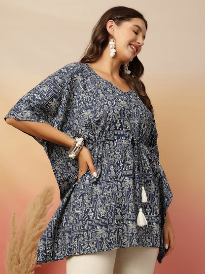 Navy Blue Printed Kaftan Top