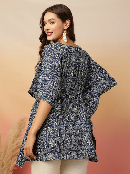 Navy Blue Printed Kaftan Top
