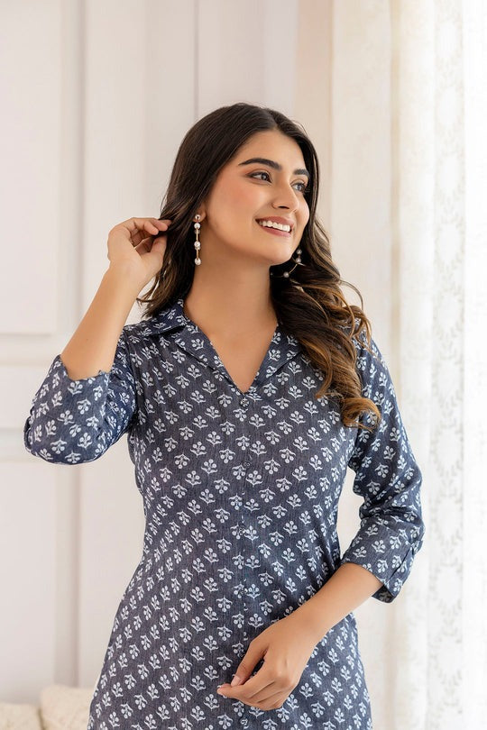 Cotton Blend Blue grey Floral printed Kurti Top (Top Only)