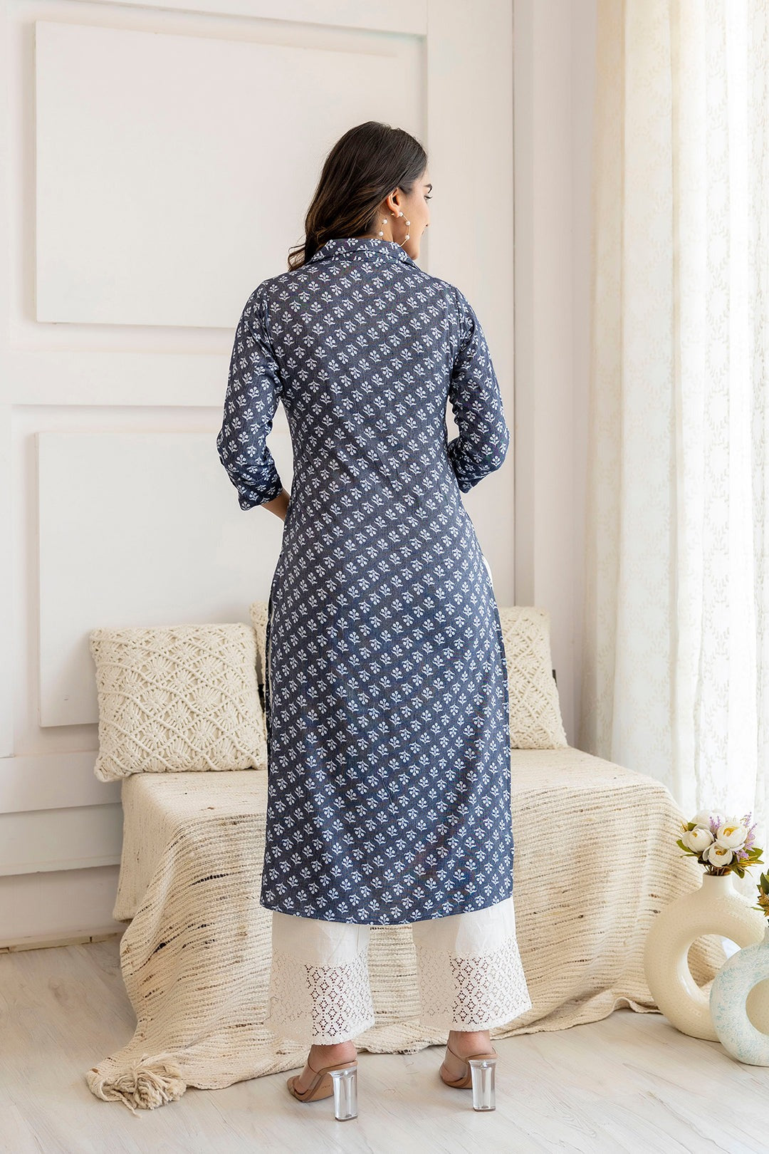 Cotton Blend Blue grey Floral printed Kurti Top (Top Only)