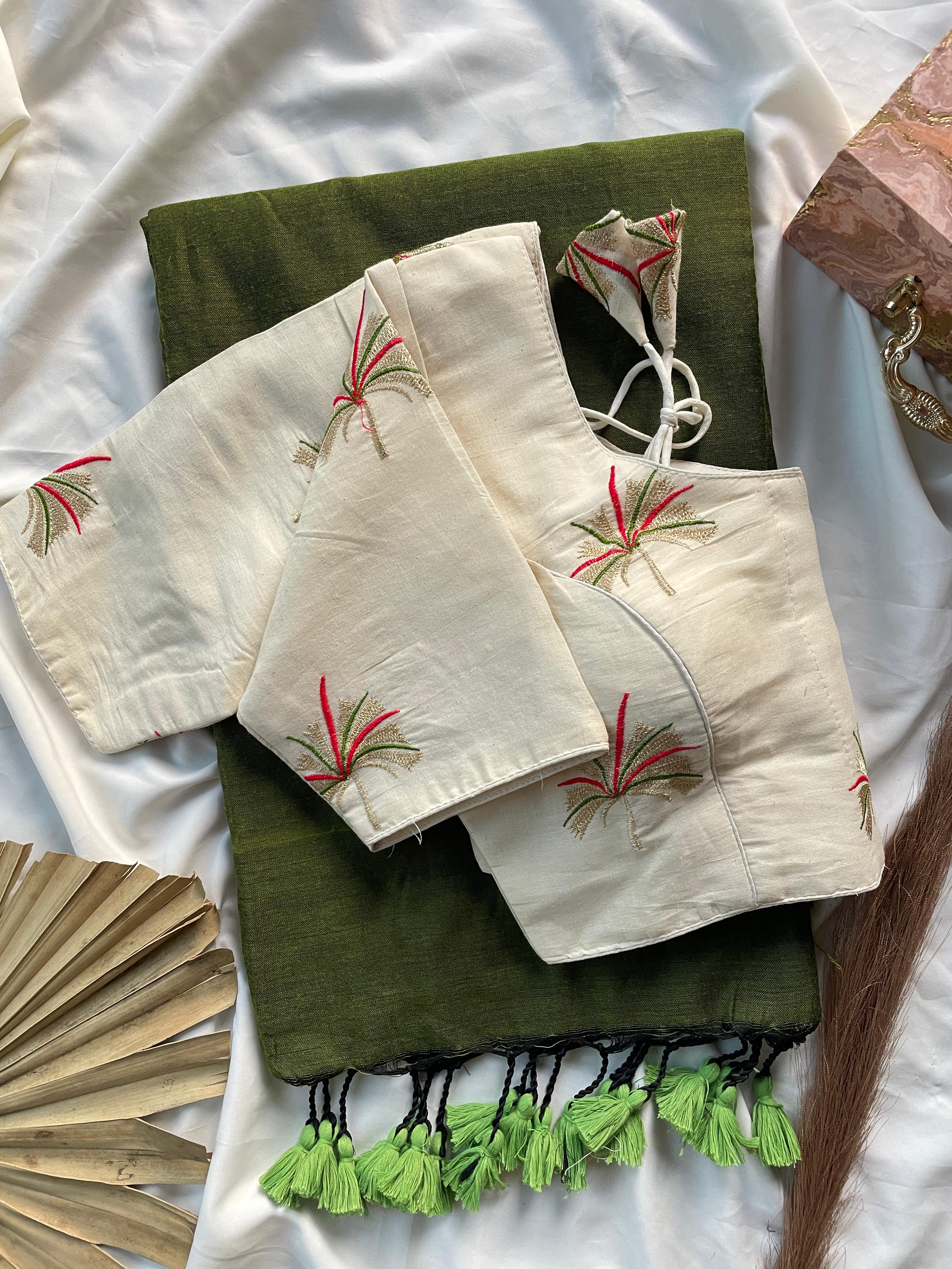 Solid Khadi cotton saree with readymade  designer blouse