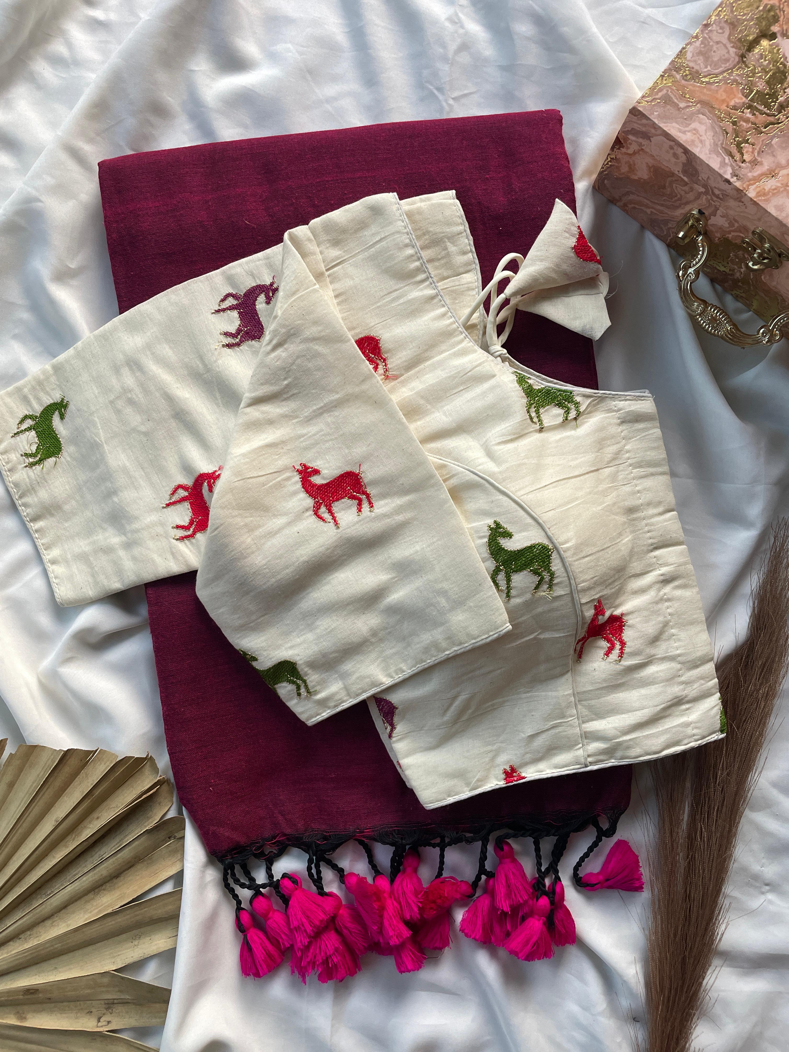 Solid Khadi cotton saree with readymade  designer blouse