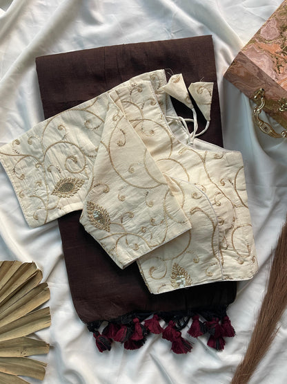 Solid Khadi cotton saree with readymade  designer blouse