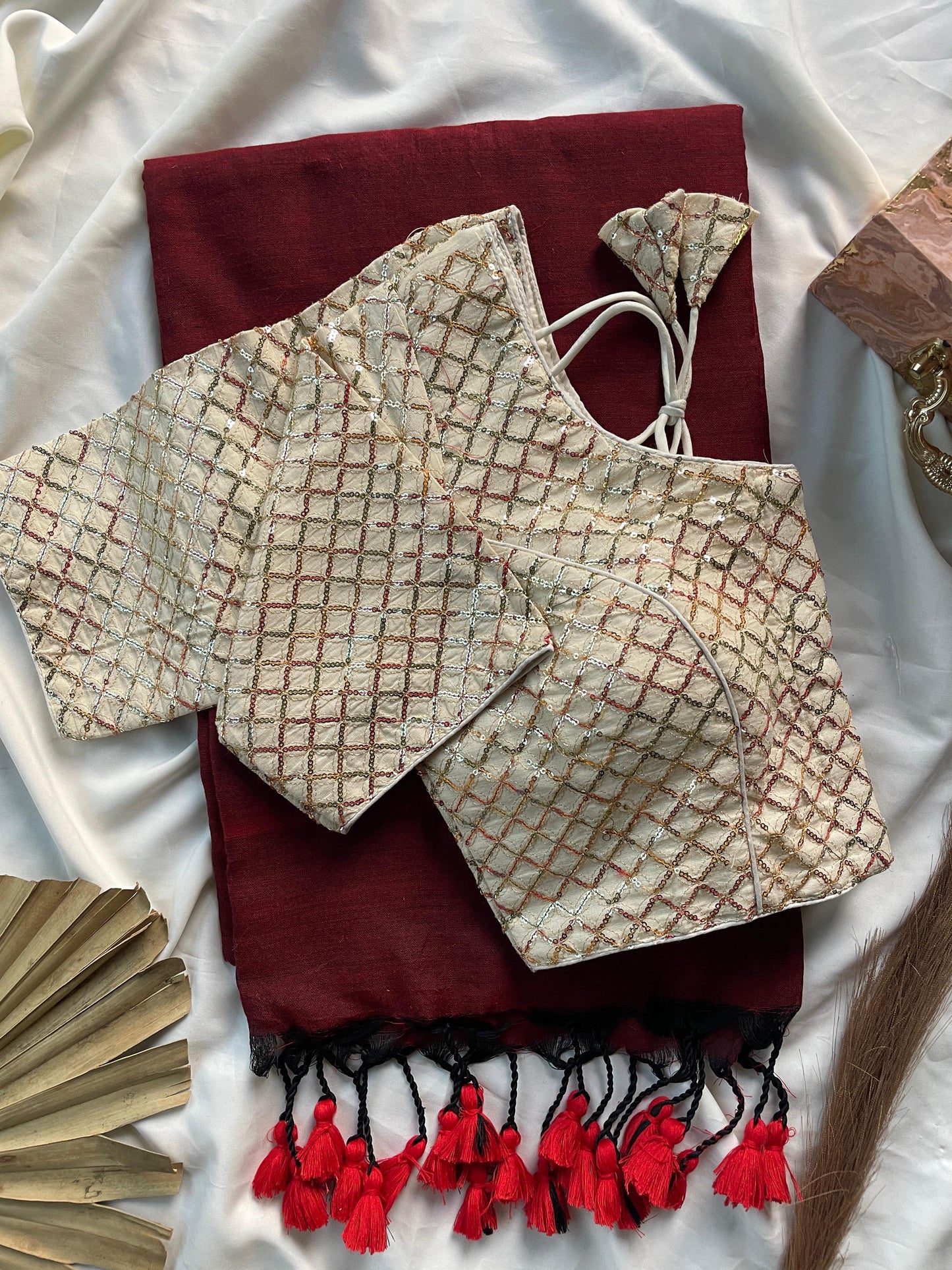 Solid Khadi cotton saree with readymade  designer blouse