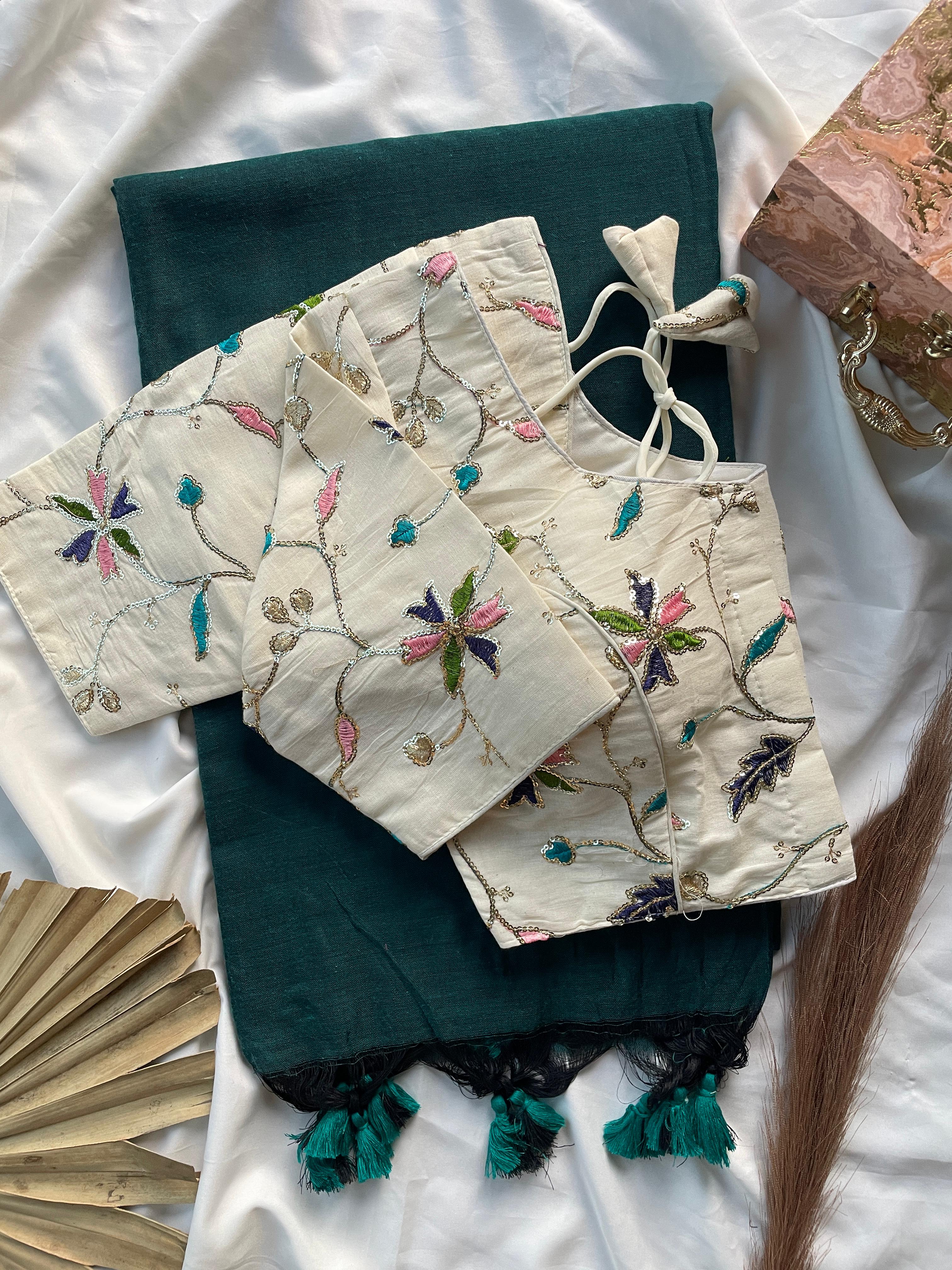 Solid Khadi cotton saree with readymade  designer blouse