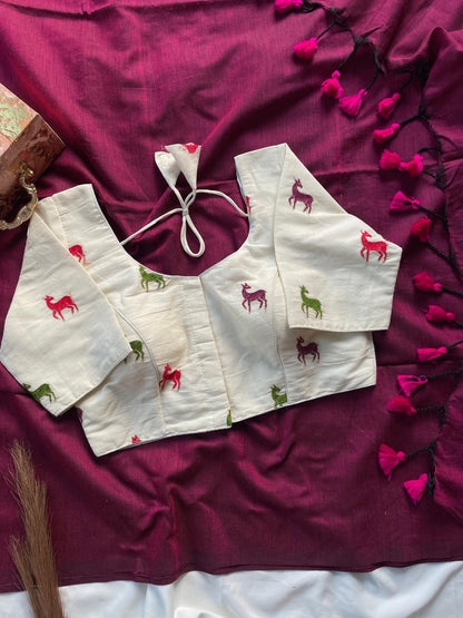 Solid Khadi cotton saree with readymade  designer blouse