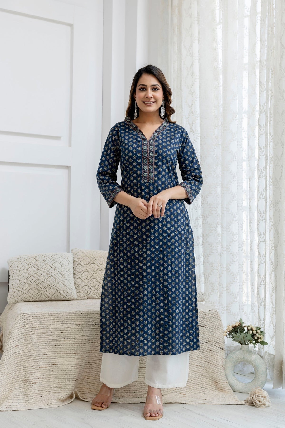 Navy Floral Printed Cotton Kurti Top(Top Only)