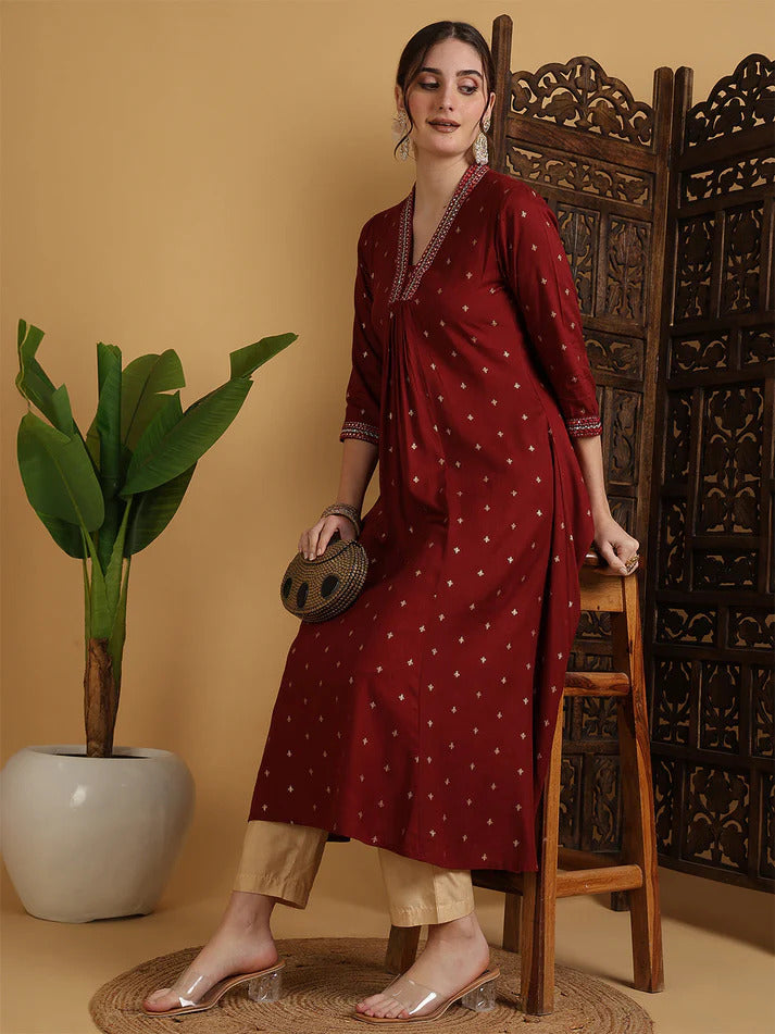 Solid Maroon Flared Kurti Top With Mirror Embroidery (Top Only)