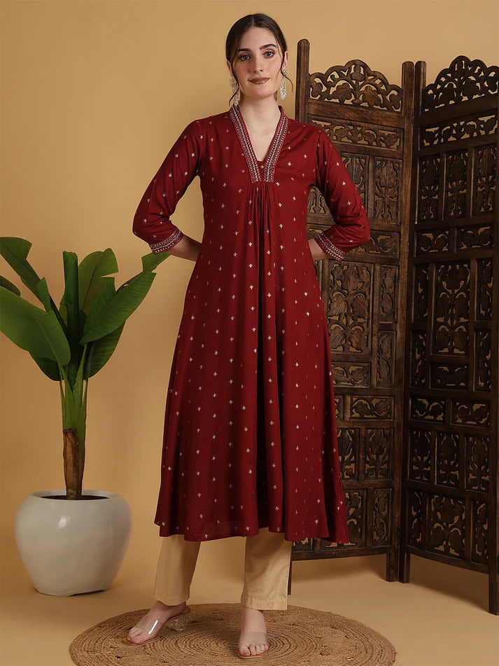 Solid Maroon Flared Kurti Top With Mirror Embroidery (Top Only)