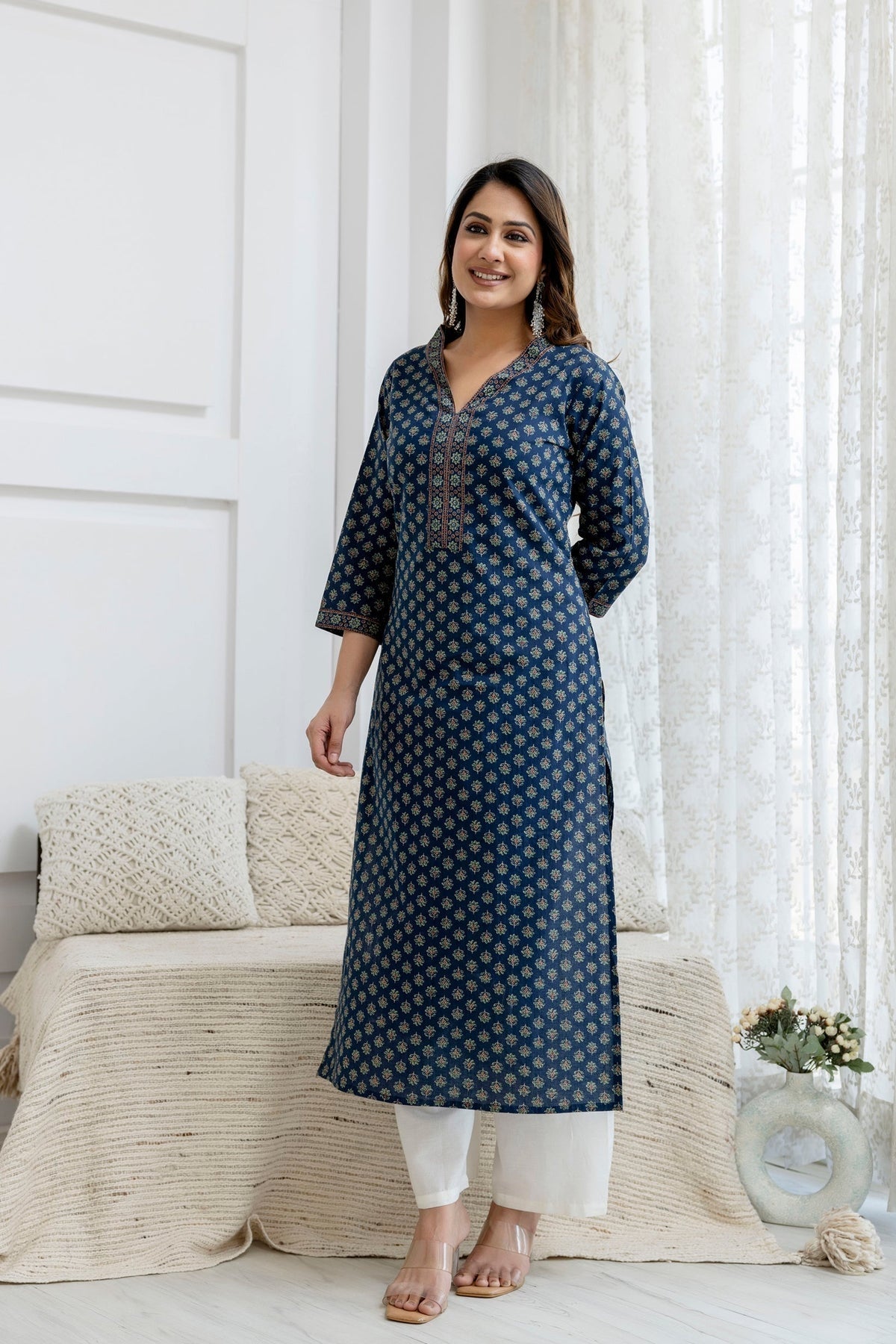 Navy Floral Printed Cotton Kurti Top(Top Only)