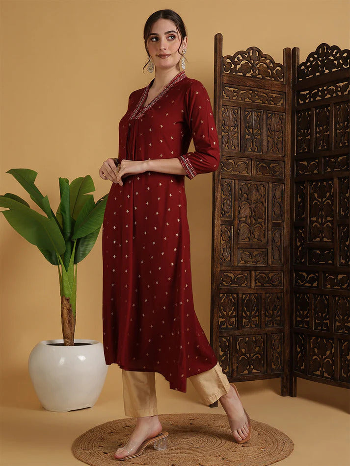 Solid Maroon Flared Kurti Top With Mirror Embroidery (Top Only)