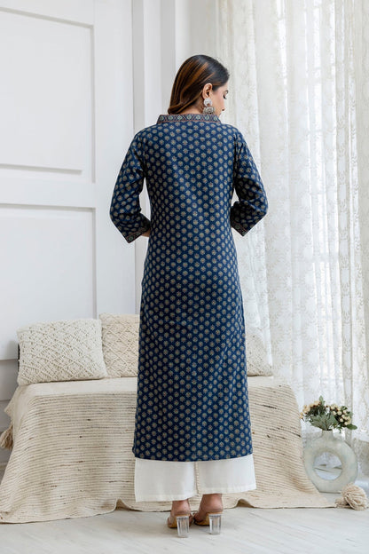Navy Floral Printed Cotton Kurti Top(Top Only)