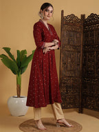Solid Maroon Flared Kurti Top With Mirror Embroidery (Top Only)