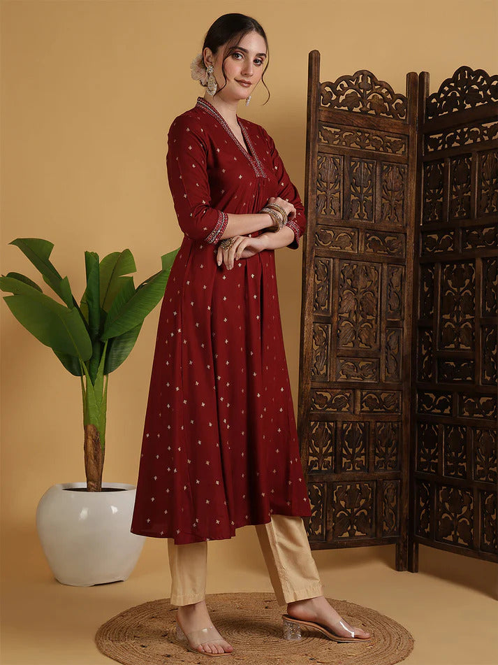 Solid Maroon Flared Kurti Top With Mirror Embroidery (Top Only)