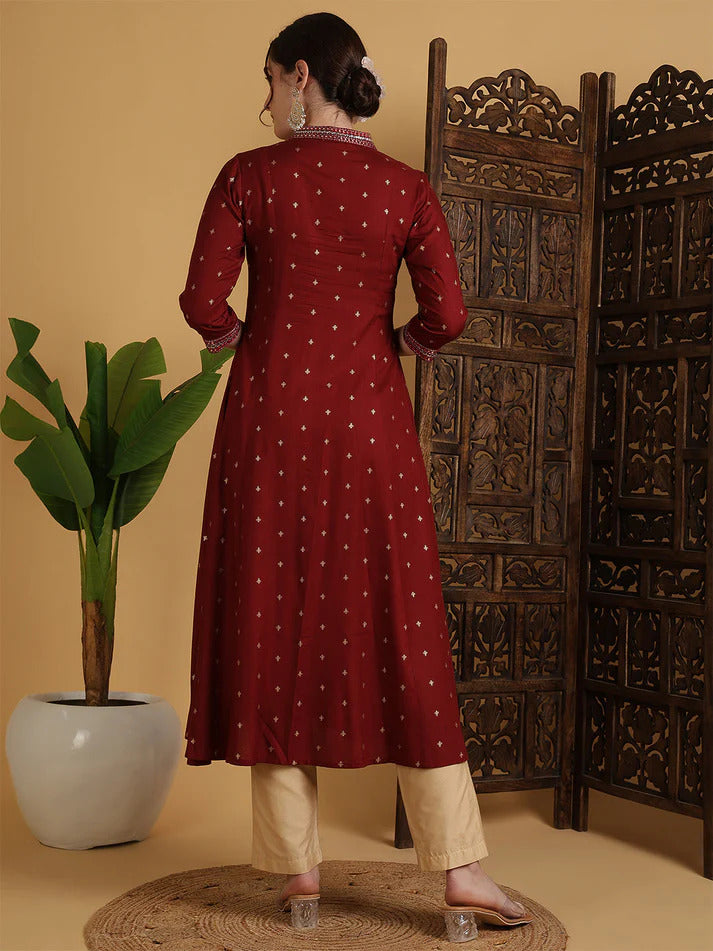 Solid Maroon Flared Kurti Top With Mirror Embroidery (Top Only)