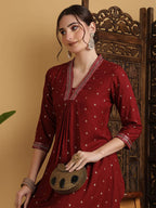 Solid Maroon Flared Kurti Top With Mirror Embroidery (Top Only)