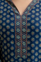 Navy Floral Printed Cotton Kurti Top(Top Only)